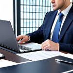 Financial Audit Review**

A CPA auditor in professional attire is reviewing financial statements at a modern office desk, laptop in view, documents neatly organized, fully clothed, safe for work, appropriate content, perfect anatomy, natural proportions, professional.

**
